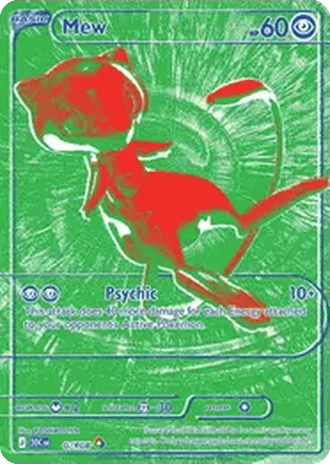 Mew G/RGB: green field, red figure, blue type